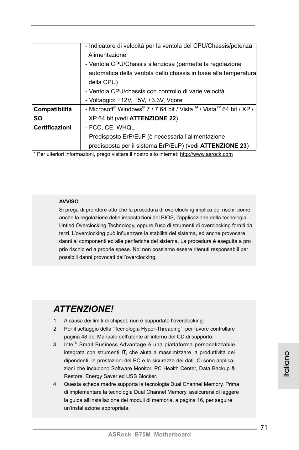 Attenzione, Italiano | ASRock B75M User Manual | Page 71 / 204