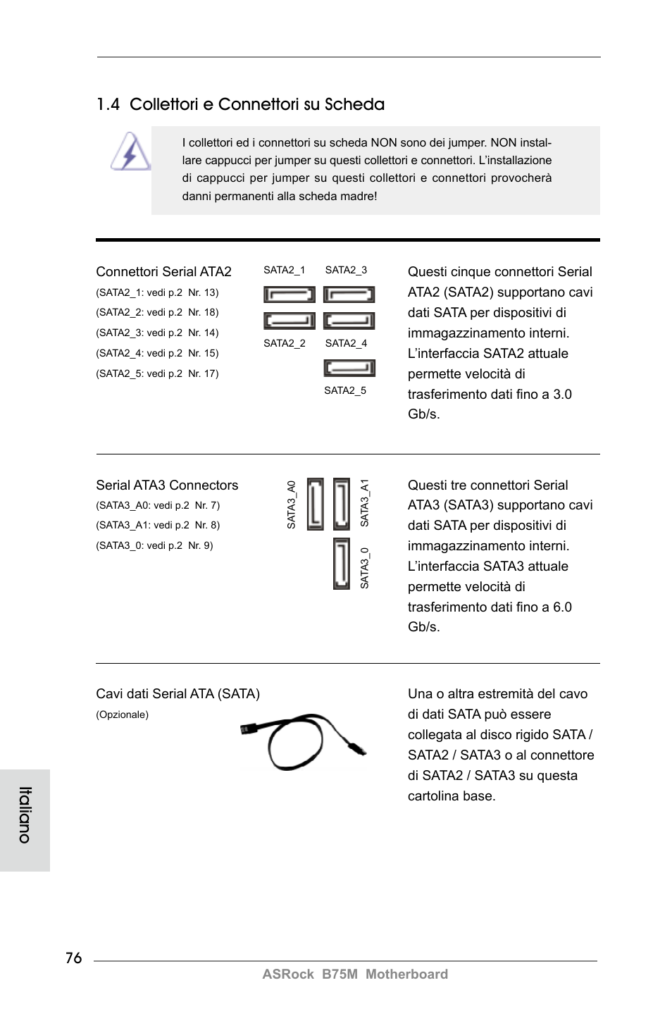 4 collettori e connettori su scheda, Italiano | ASRock B75M User Manual | Page 76 / 204