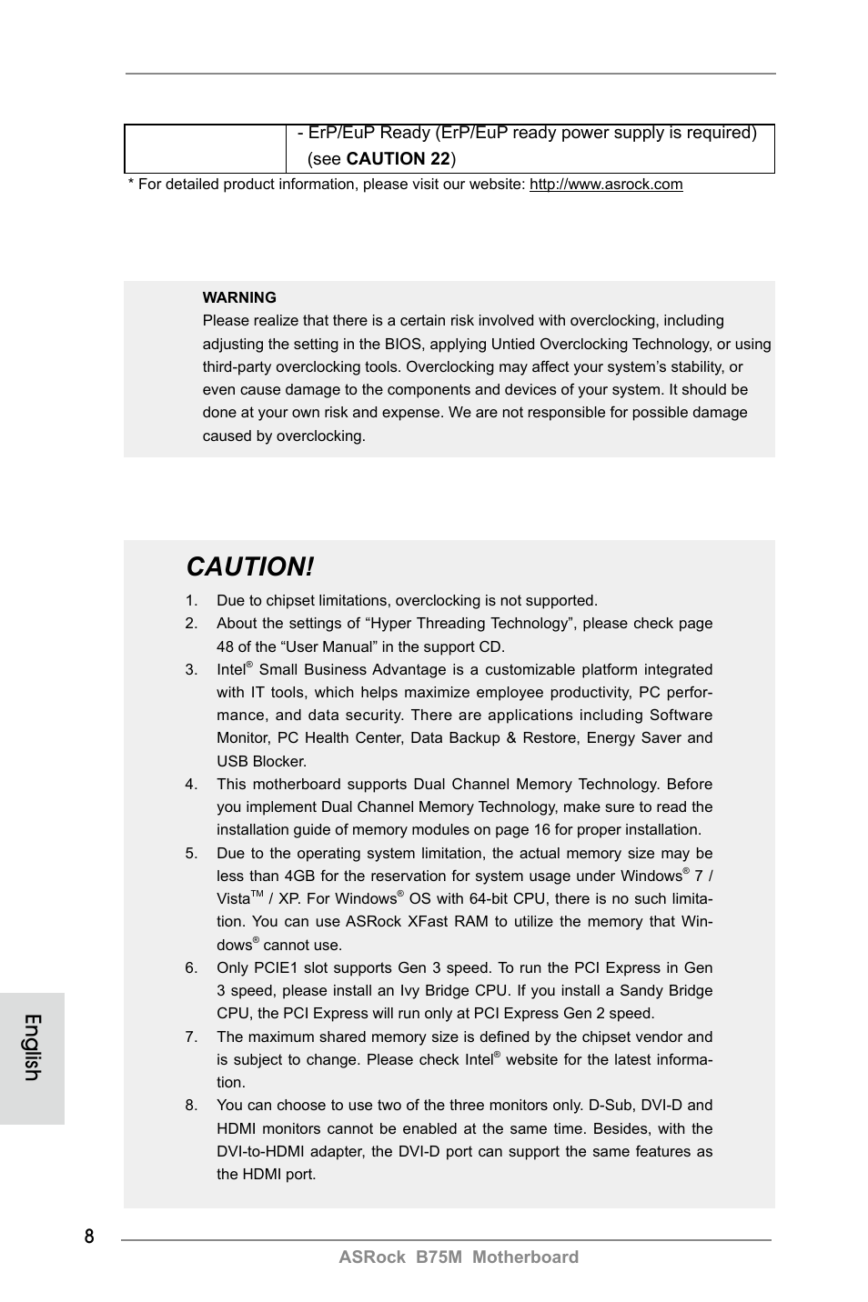 Caution, English | ASRock B75M User Manual | Page 8 / 204