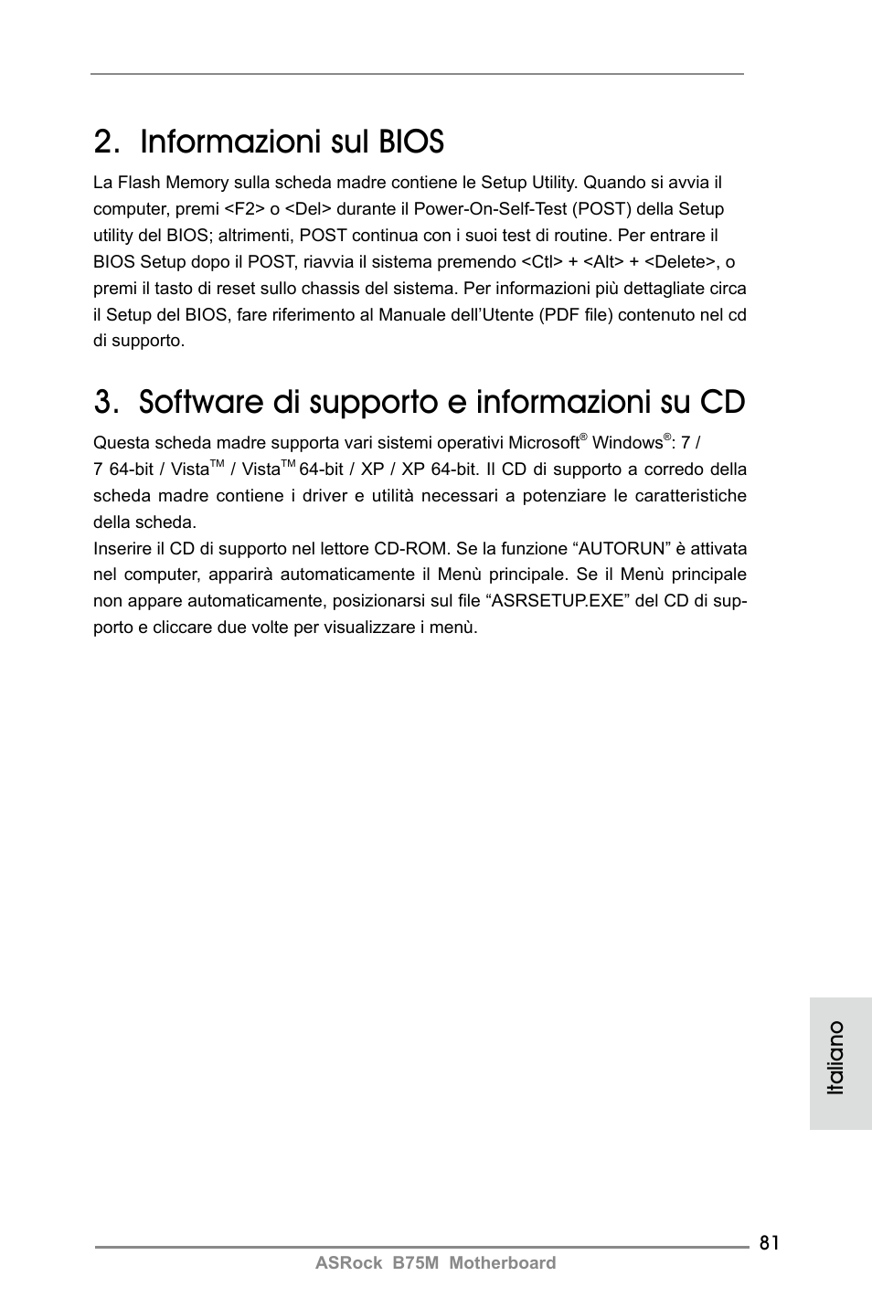 Informazioni sul bios, Software di supporto e informazioni su cd, Italiano | ASRock B75M User Manual | Page 81 / 204