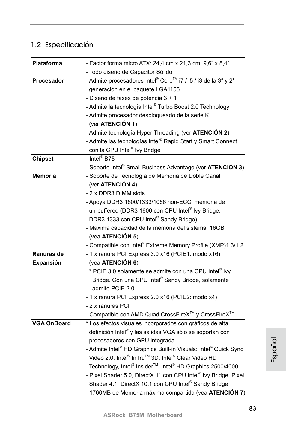 2 especificación, Español | ASRock B75M User Manual | Page 83 / 204