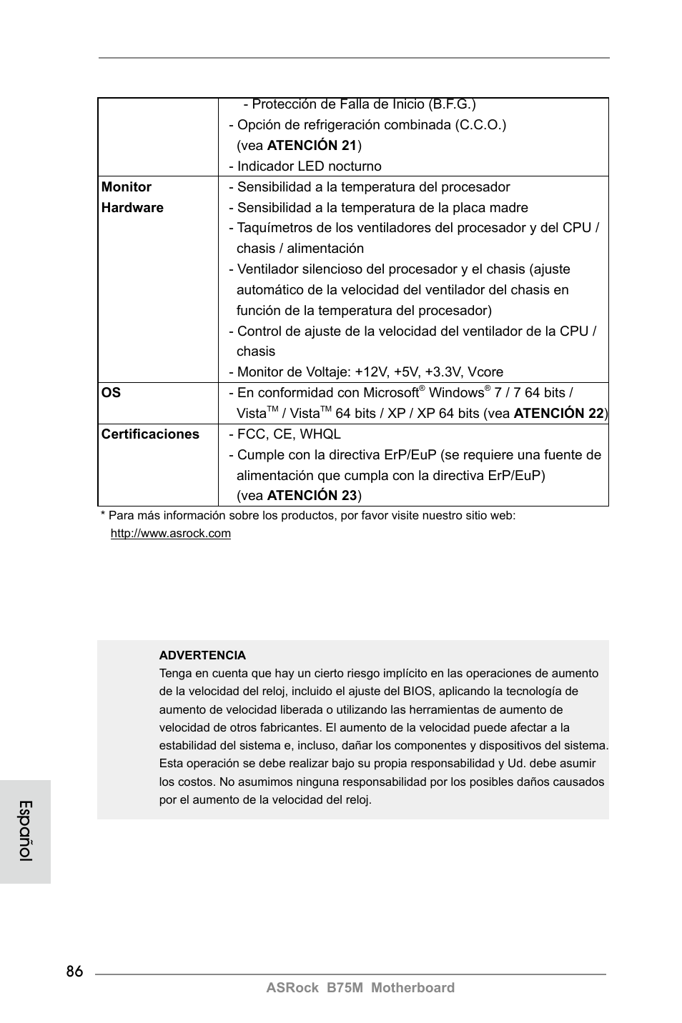 Español | ASRock B75M User Manual | Page 86 / 204