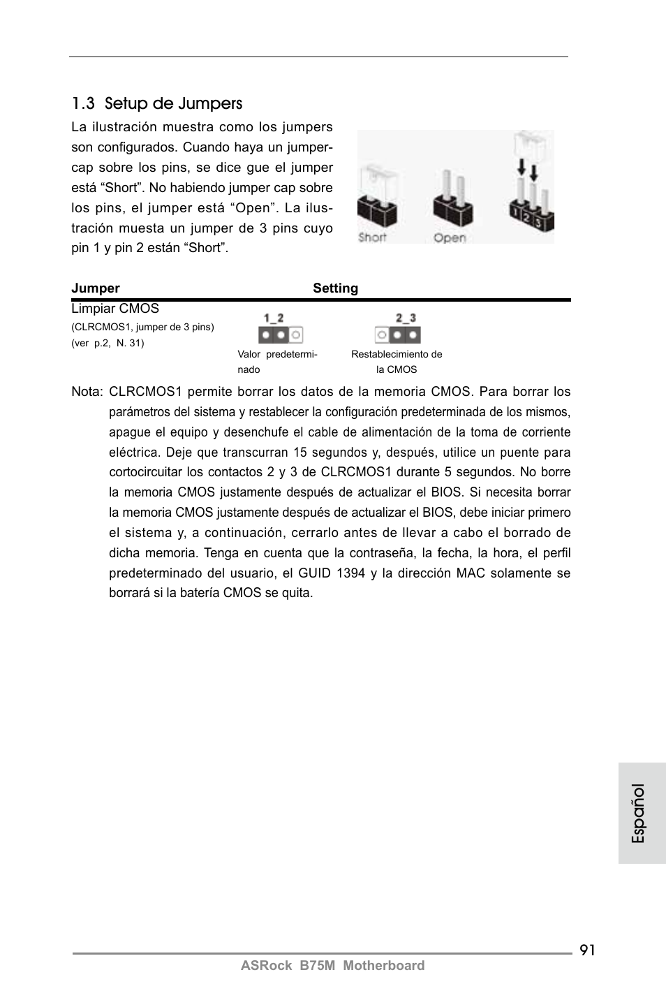 3 setup de jumpers, Español | ASRock B75M User Manual | Page 91 / 204