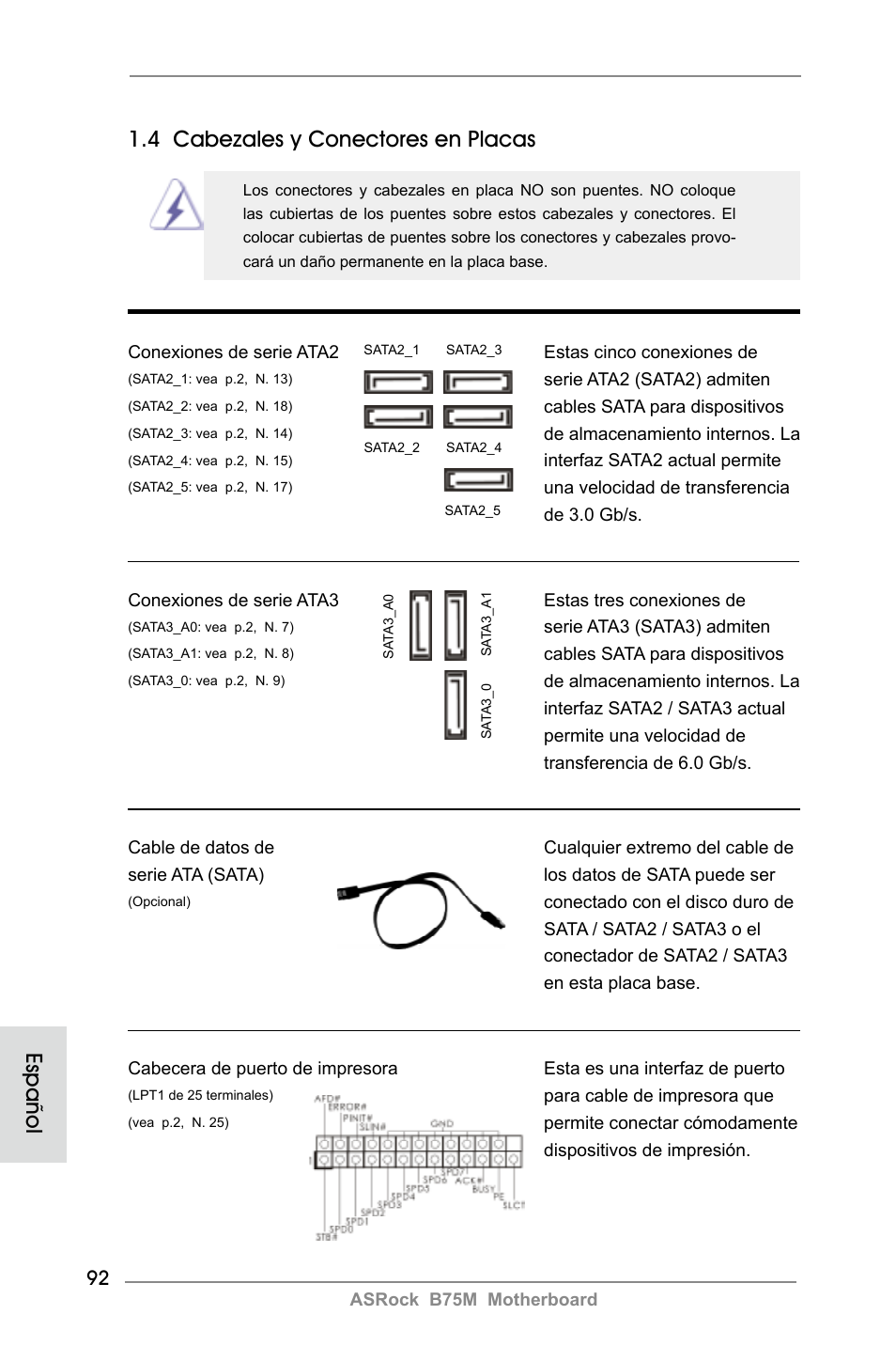 4 cabezales y conectores en placas, Español | ASRock B75M User Manual | Page 92 / 204