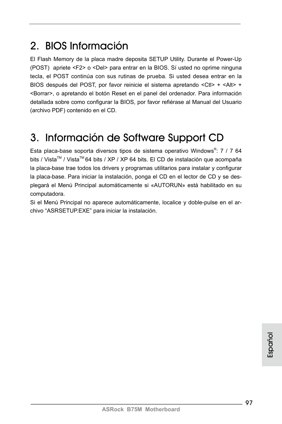 Bios información, Información de software support cd, Español | ASRock B75M User Manual | Page 97 / 204