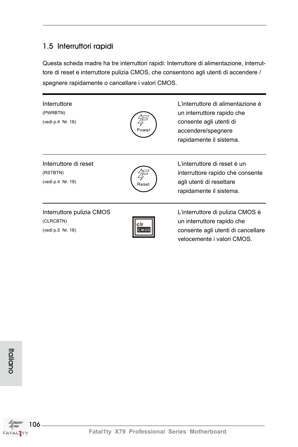 5 interruttori rapidi, Italiano | ASRock Fatal1ty X79 Professional User Manual | Page 106 / 238
