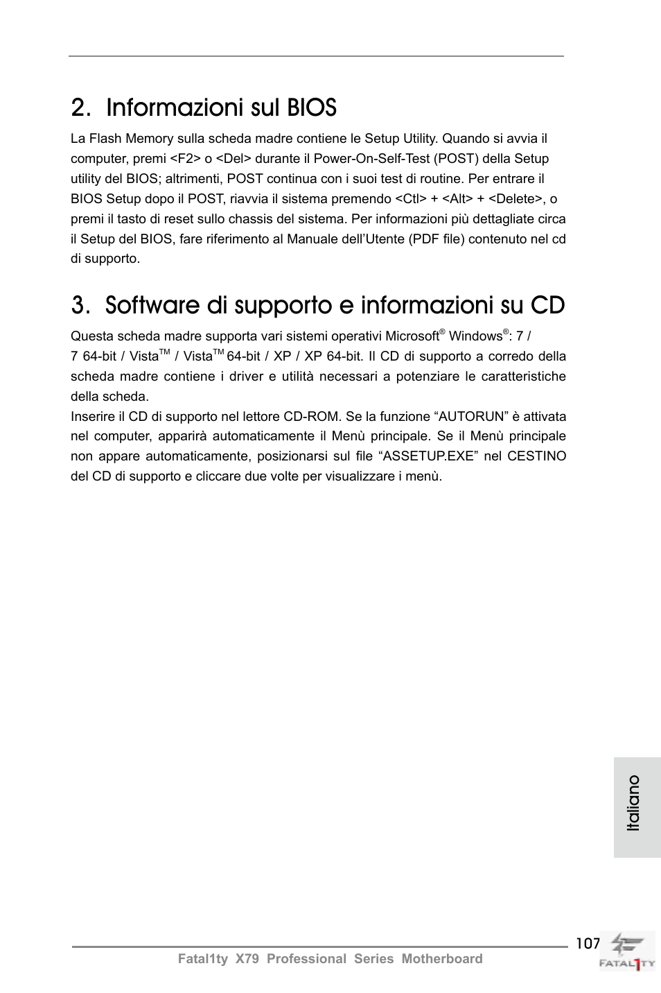 Informazioni sul bios, Software di supporto e informazioni su cd, Italiano | ASRock Fatal1ty X79 Professional User Manual | Page 107 / 238