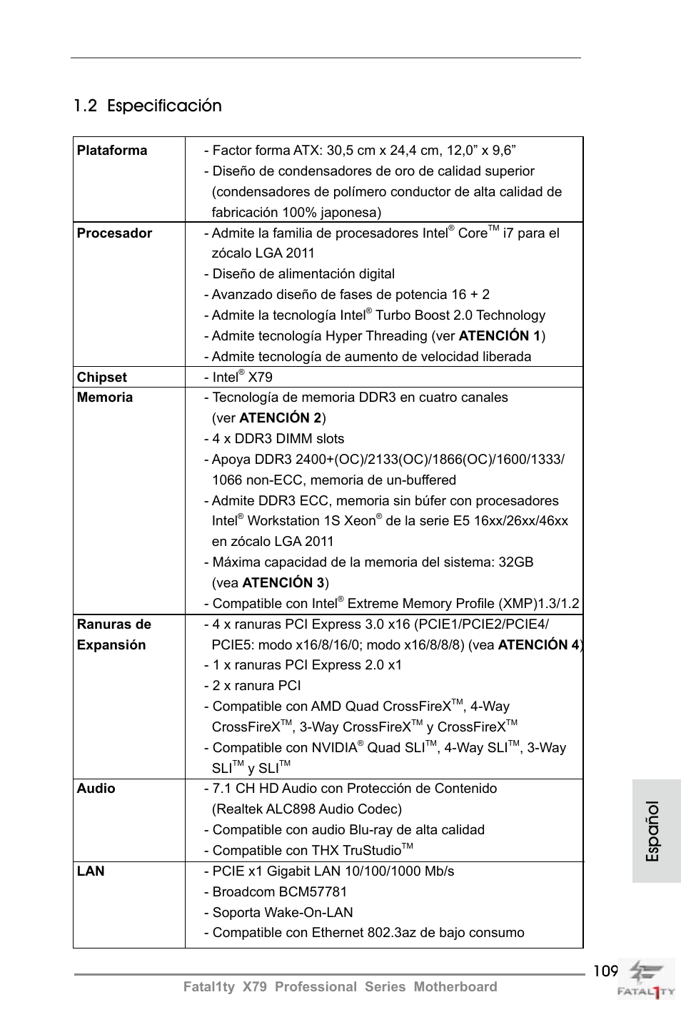 Español 1.2 especificación | ASRock Fatal1ty X79 Professional User Manual | Page 109 / 238