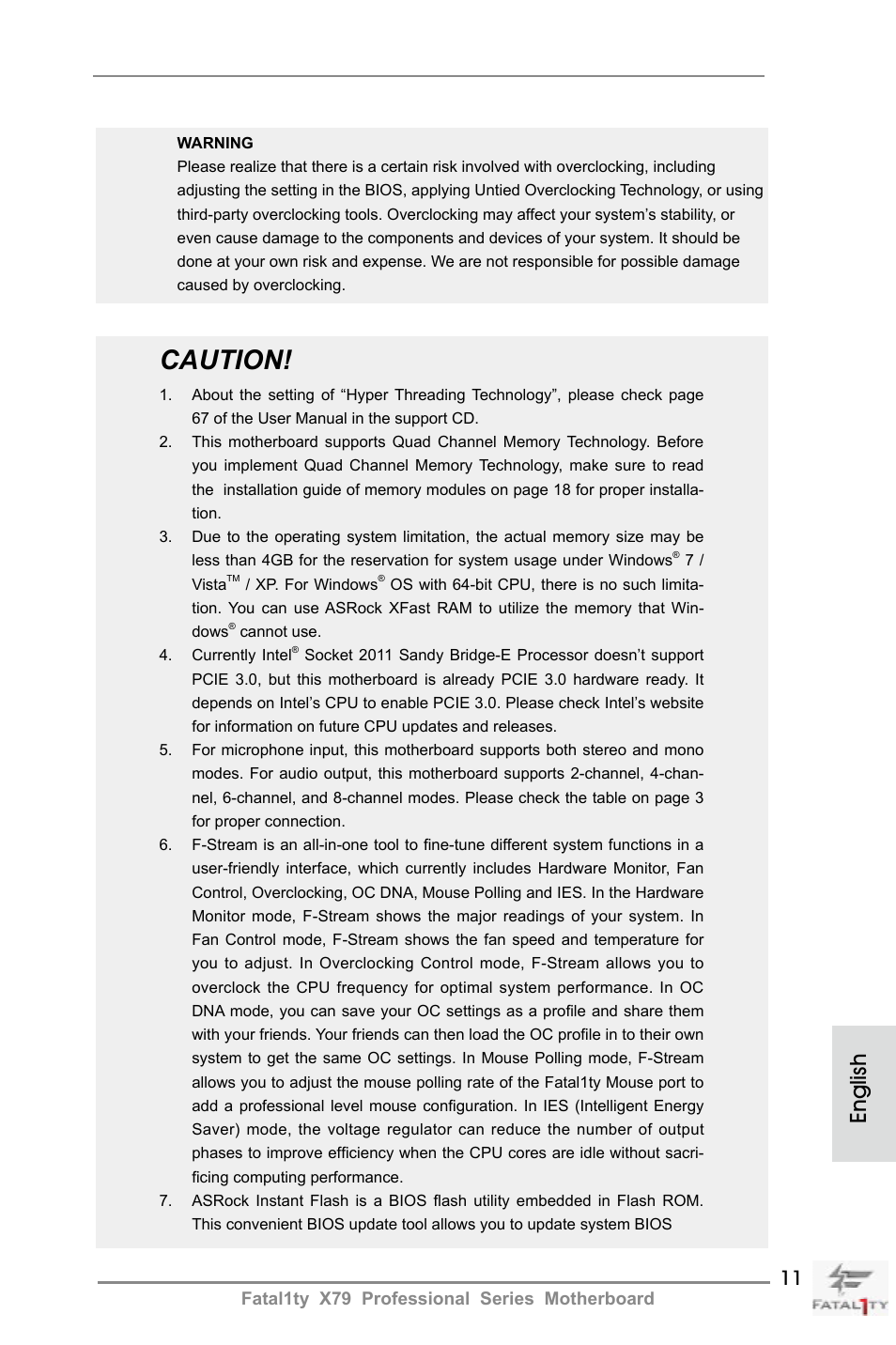 Caution, English | ASRock Fatal1ty X79 Professional User Manual | Page 11 / 238