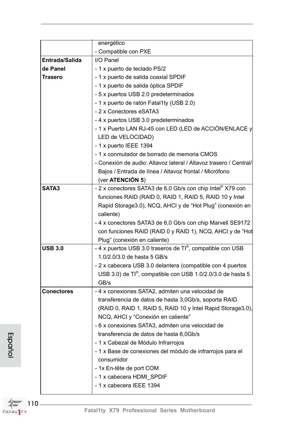 Español | ASRock Fatal1ty X79 Professional User Manual | Page 110 / 238