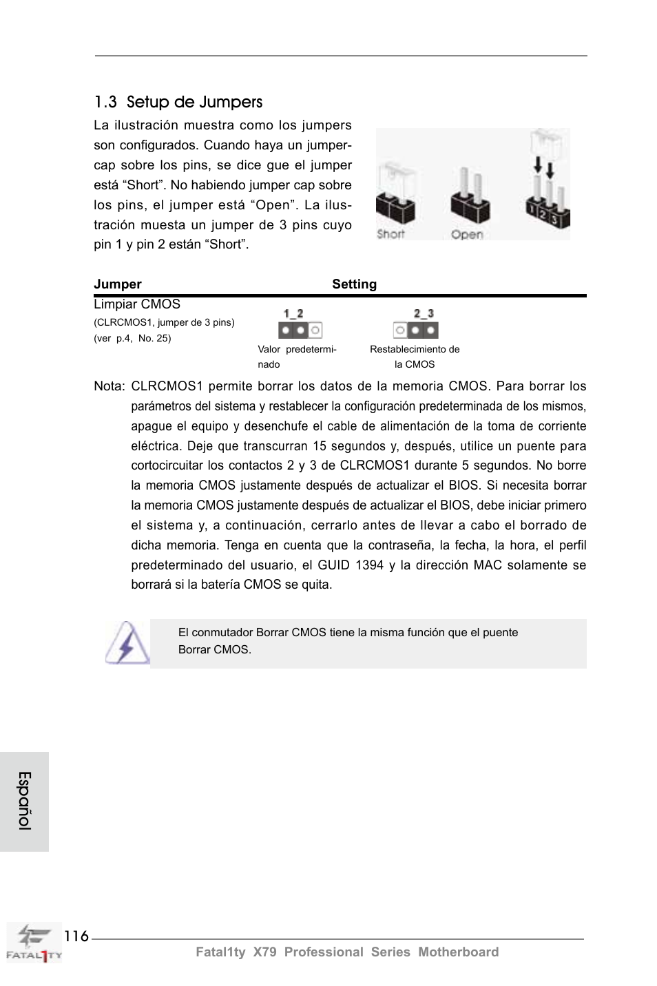 Español 1.3 setup de jumpers | ASRock Fatal1ty X79 Professional User Manual | Page 116 / 238