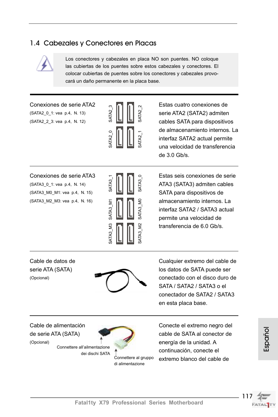 Español 1.4 cabezales y conectores en placas | ASRock Fatal1ty X79 Professional User Manual | Page 117 / 238