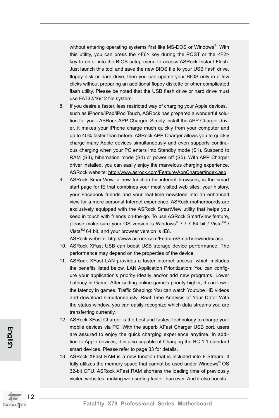 English, Fatal1ty x79 professional series motherboard | ASRock Fatal1ty X79 Professional User Manual | Page 12 / 238