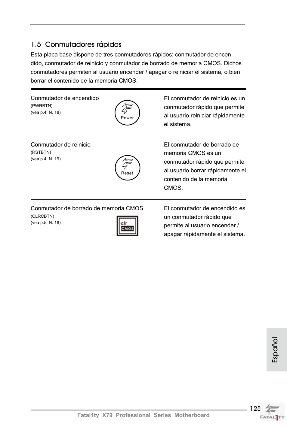 Español, 5 conmutadores rápidos | ASRock Fatal1ty X79 Professional User Manual | Page 125 / 238