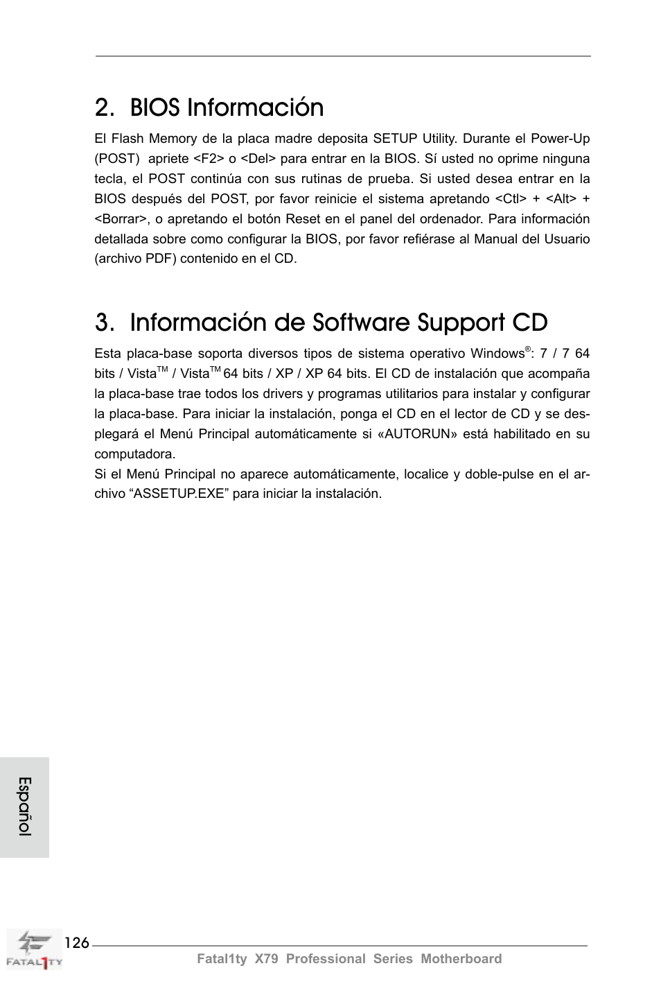 Bios información, Información de software support cd, Español | ASRock Fatal1ty X79 Professional User Manual | Page 126 / 238