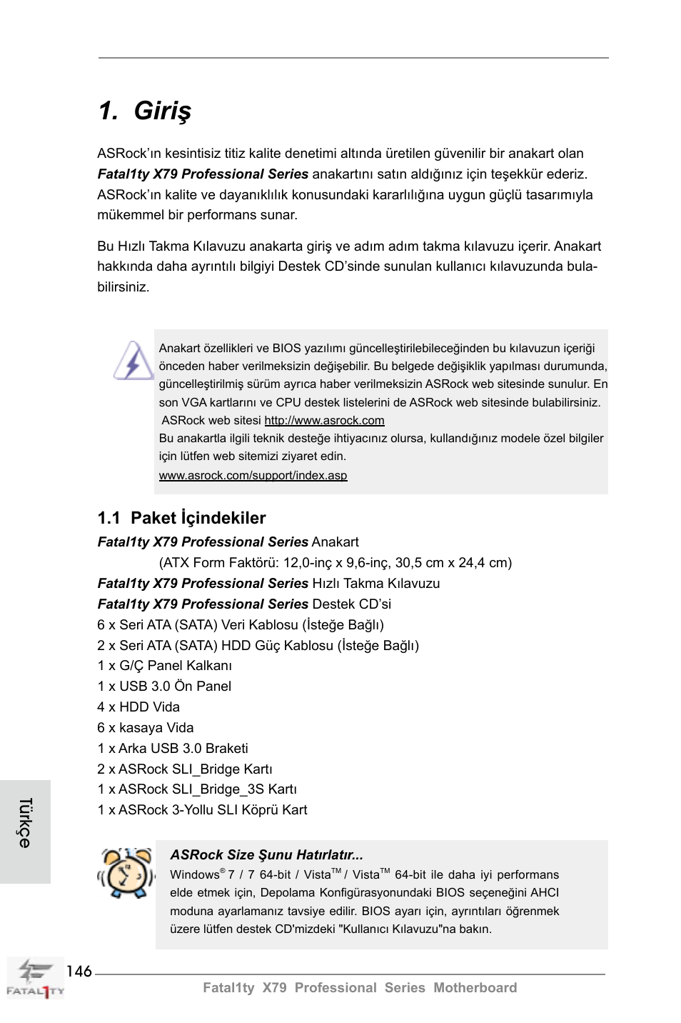 Turkish, Giriş, 1 paket içindekiler | Türkçe | ASRock Fatal1ty X79 Professional User Manual | Page 146 / 238