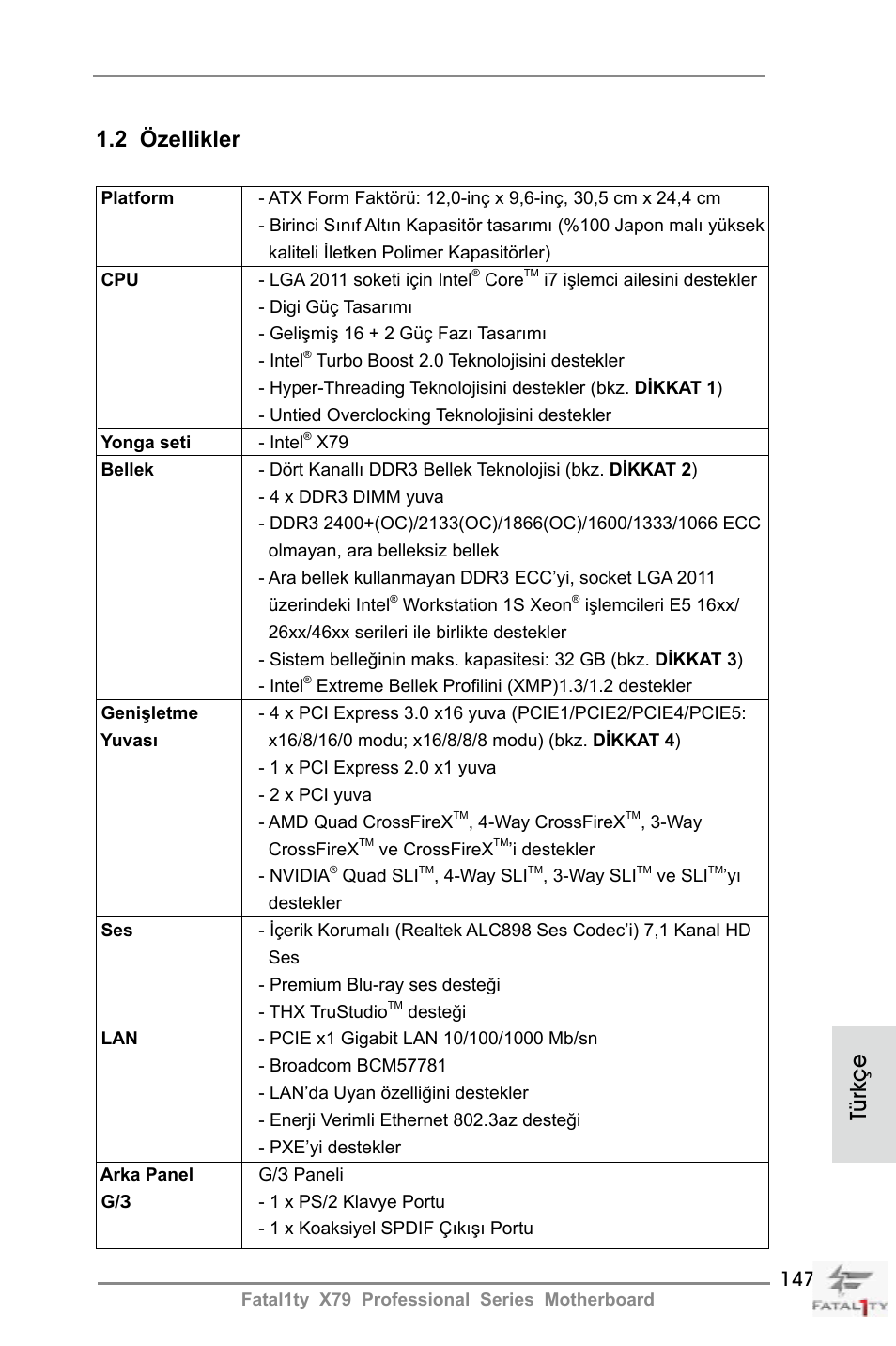 Türkçe, 2 özellikler | ASRock Fatal1ty X79 Professional User Manual | Page 147 / 238