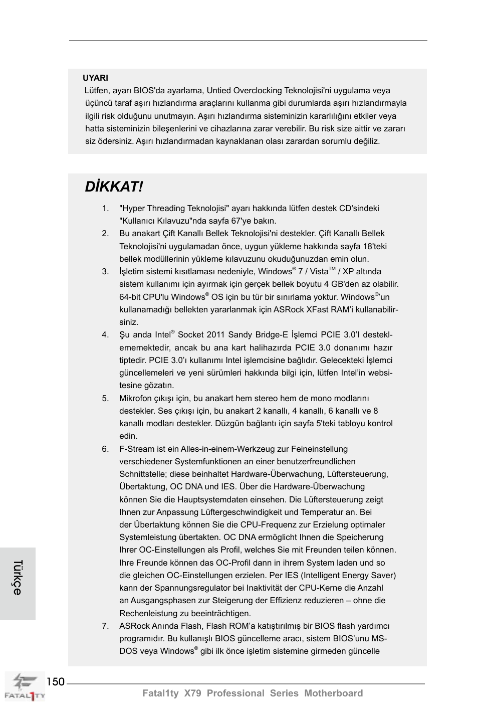 Dikkat, Türkçe | ASRock Fatal1ty X79 Professional User Manual | Page 150 / 238