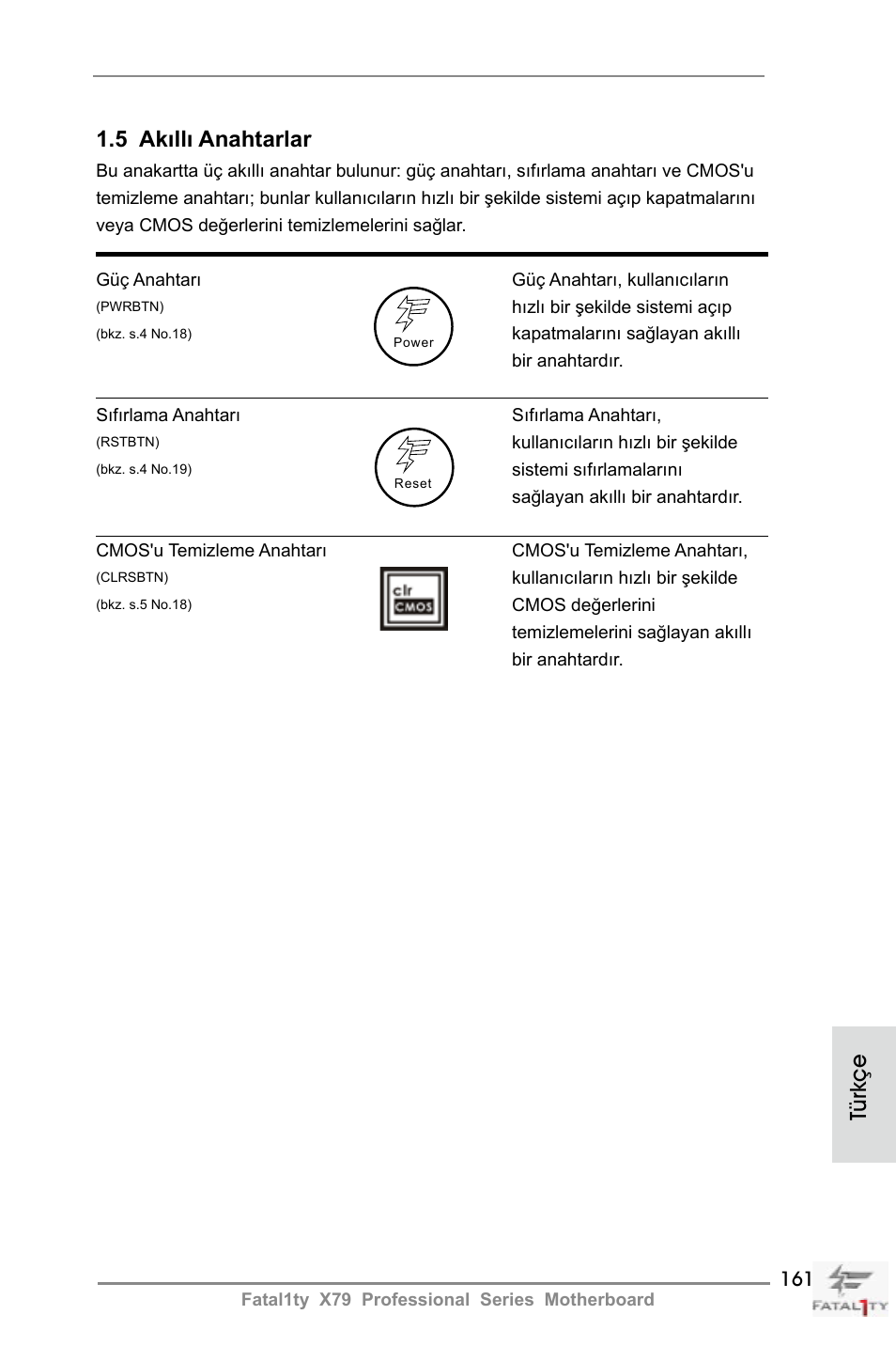 Türkçe 1.5 akıllı anahtarlar | ASRock Fatal1ty X79 Professional User Manual | Page 161 / 238