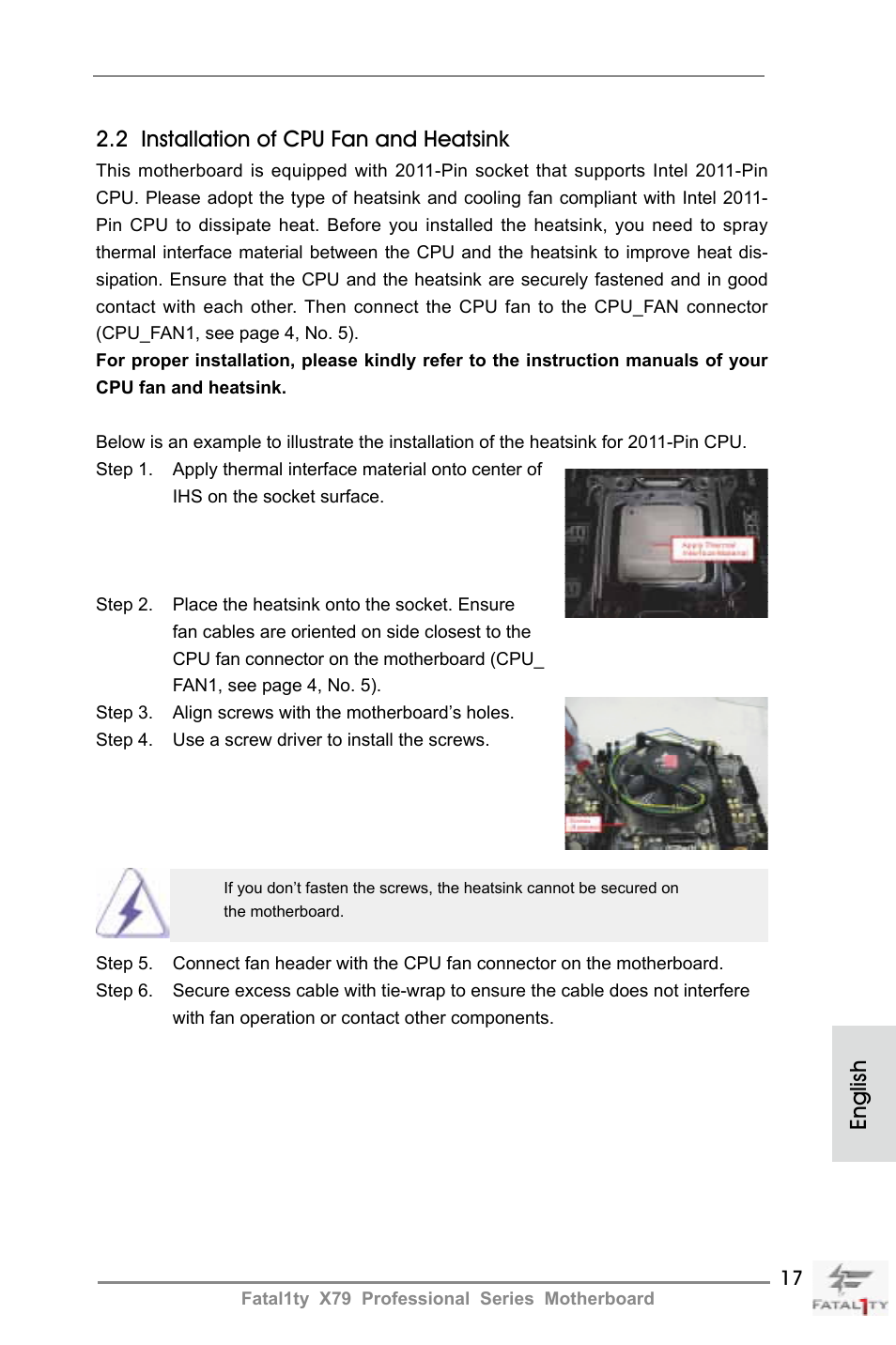 English 2.2 installation of cpu fan and heatsink | ASRock Fatal1ty X79 Professional User Manual | Page 17 / 238
