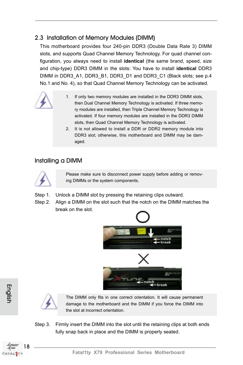 Installing a dimm | ASRock Fatal1ty X79 Professional User Manual | Page 18 / 238