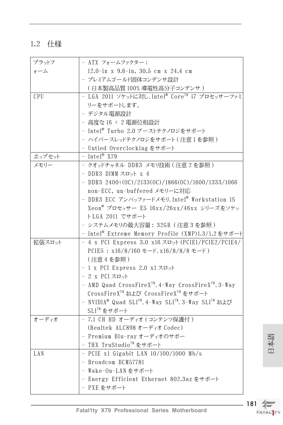日本語 1.2 仕様 | ASRock Fatal1ty X79 Professional User Manual | Page 181 / 238