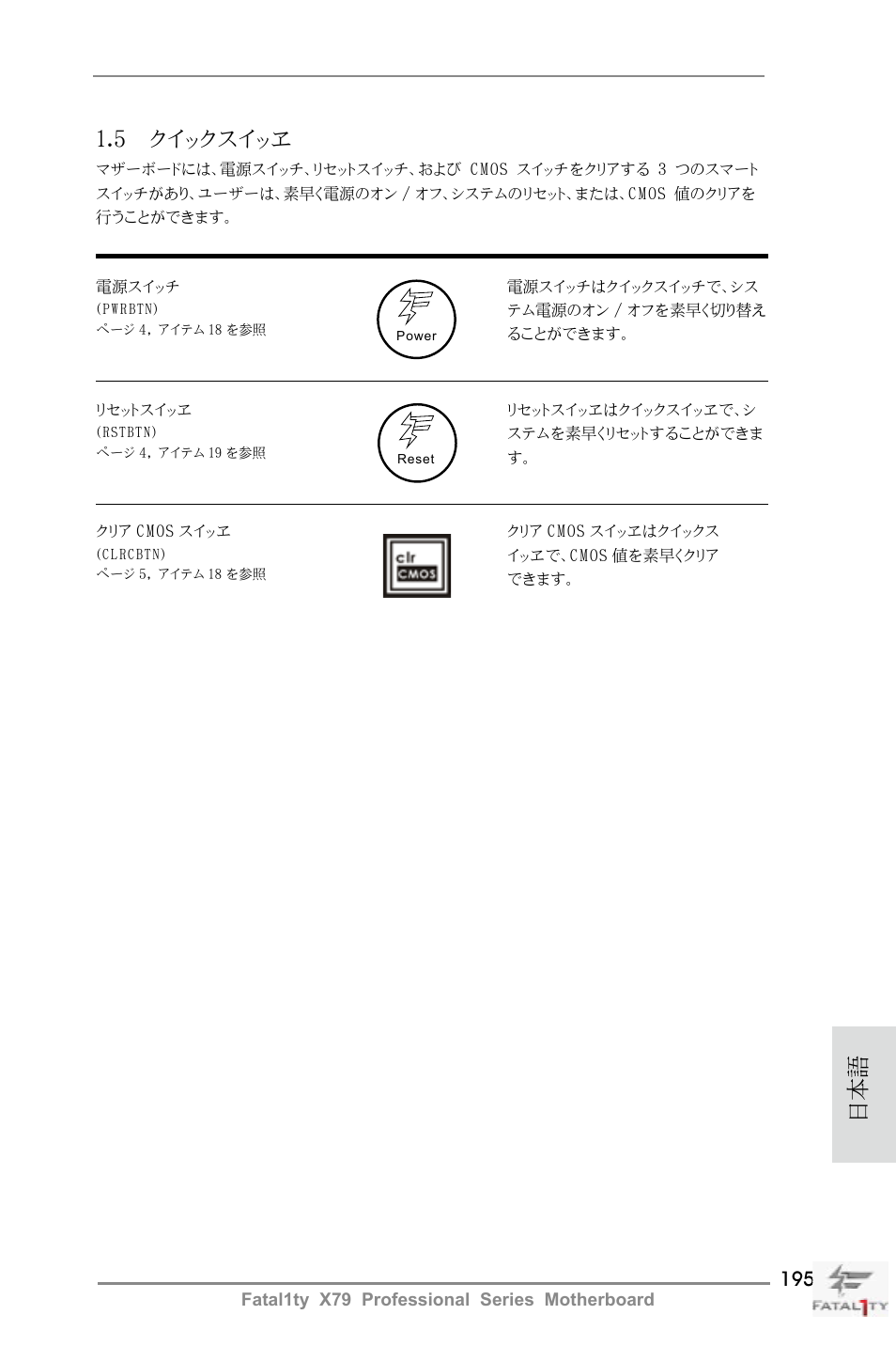 日本語 1.5 クイックスイッヱ | ASRock Fatal1ty X79 Professional User Manual | Page 195 / 238