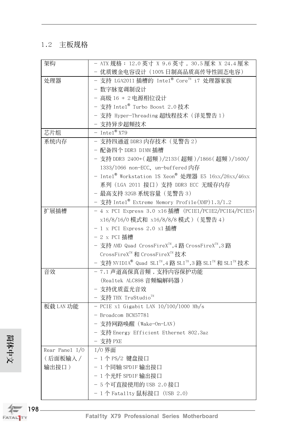 簡體中文 1.2 主板規格 | ASRock Fatal1ty X79 Professional User Manual | Page 198 / 238