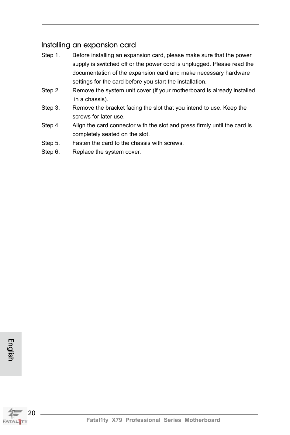 Installing an expansion card, English | ASRock Fatal1ty X79 Professional User Manual | Page 20 / 238