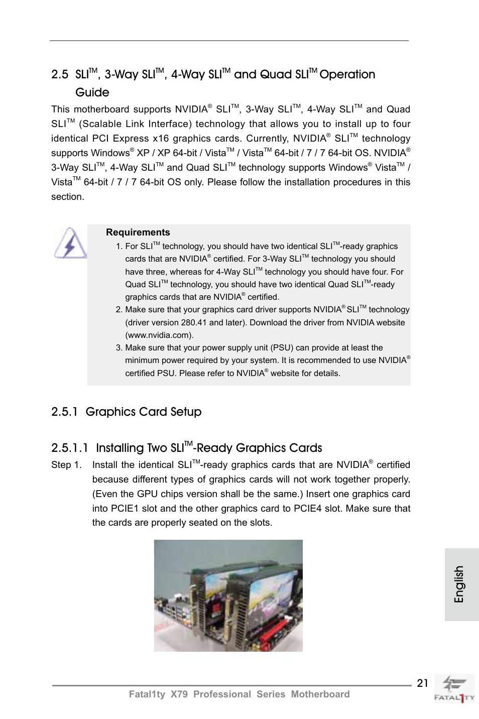 English 2.5 sli, Way sli, And quad sli | Operation guide, Ready graphics cards | ASRock Fatal1ty X79 Professional User Manual | Page 21 / 238