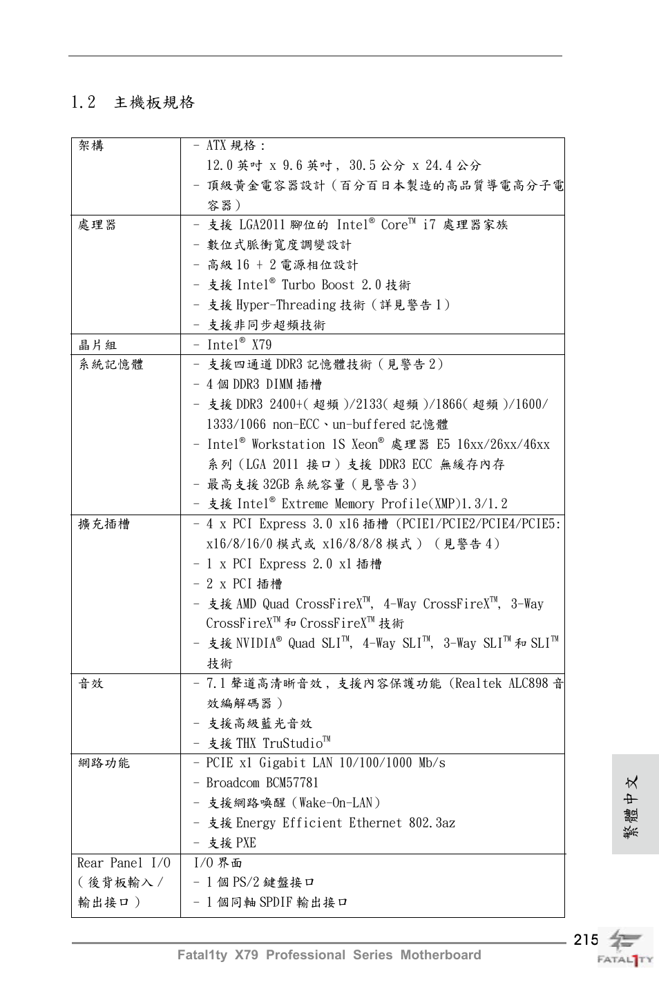 繁體中文 1.2 主機板規格 | ASRock Fatal1ty X79 Professional User Manual | Page 215 / 238