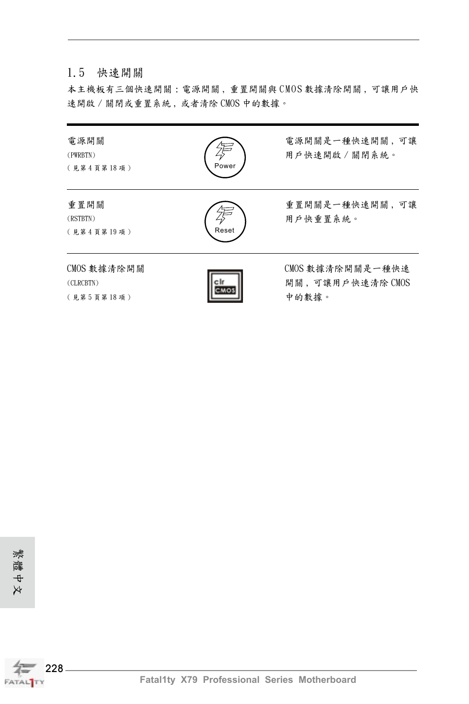 繁體中文 1.5 快速開關 | ASRock Fatal1ty X79 Professional User Manual | Page 228 / 238