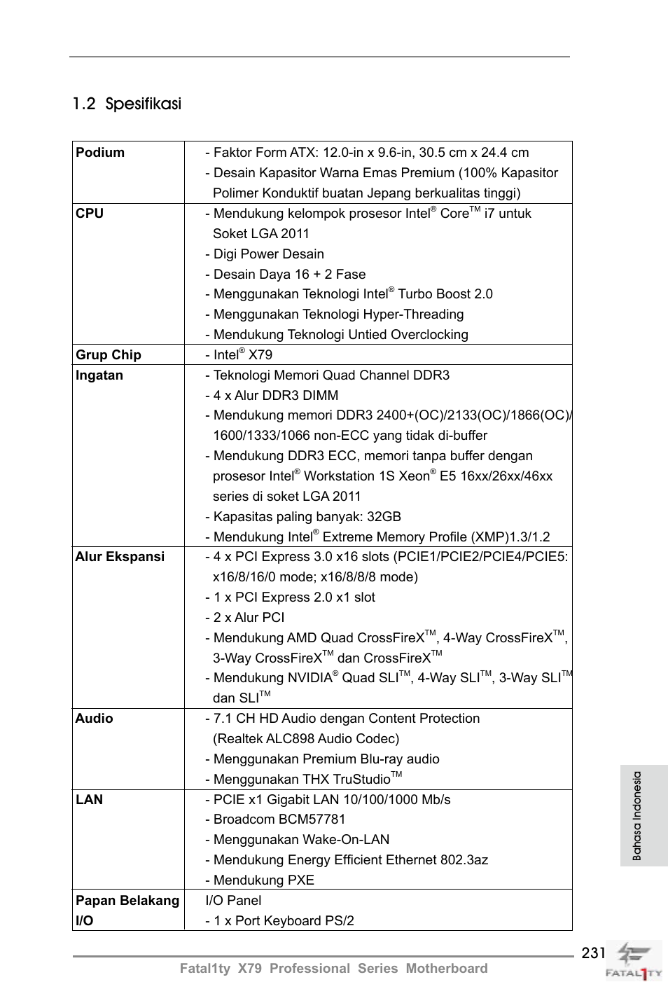 2 spesifikasi | ASRock Fatal1ty X79 Professional User Manual | Page 231 / 238
