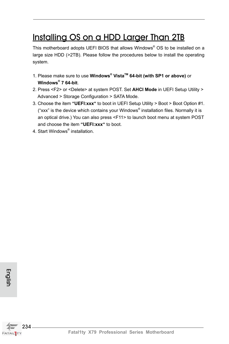 Installing os on a hdd larger than 2tb, English | ASRock Fatal1ty X79 Professional User Manual | Page 234 / 238