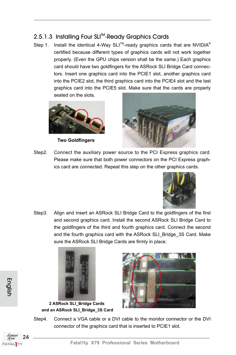 English 2.5.1.3 installing four sli, Ready graphics cards | ASRock Fatal1ty X79 Professional User Manual | Page 24 / 238