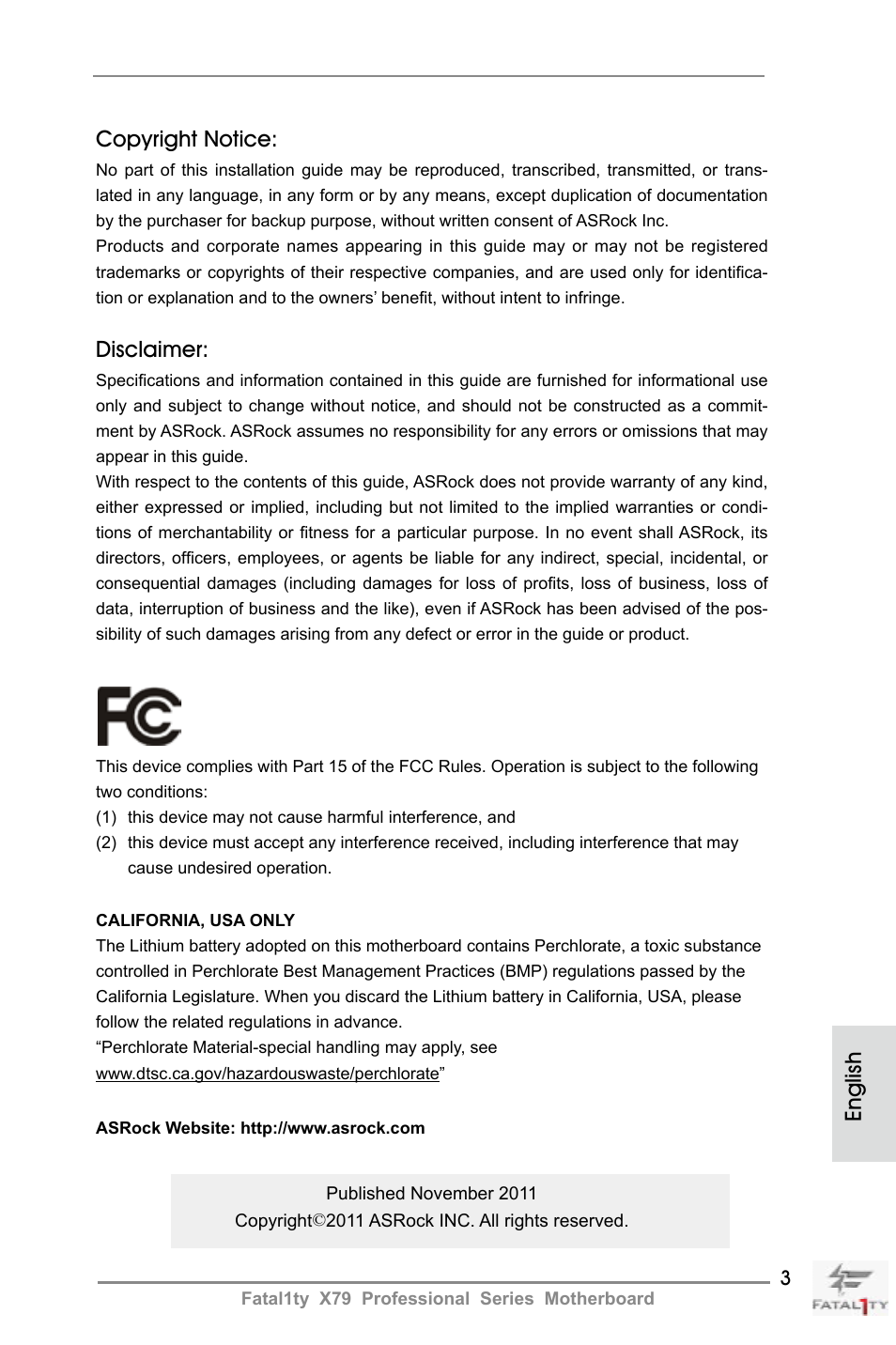 English copyright notice, Disclaimer | ASRock Fatal1ty X79 Professional User Manual | Page 3 / 238