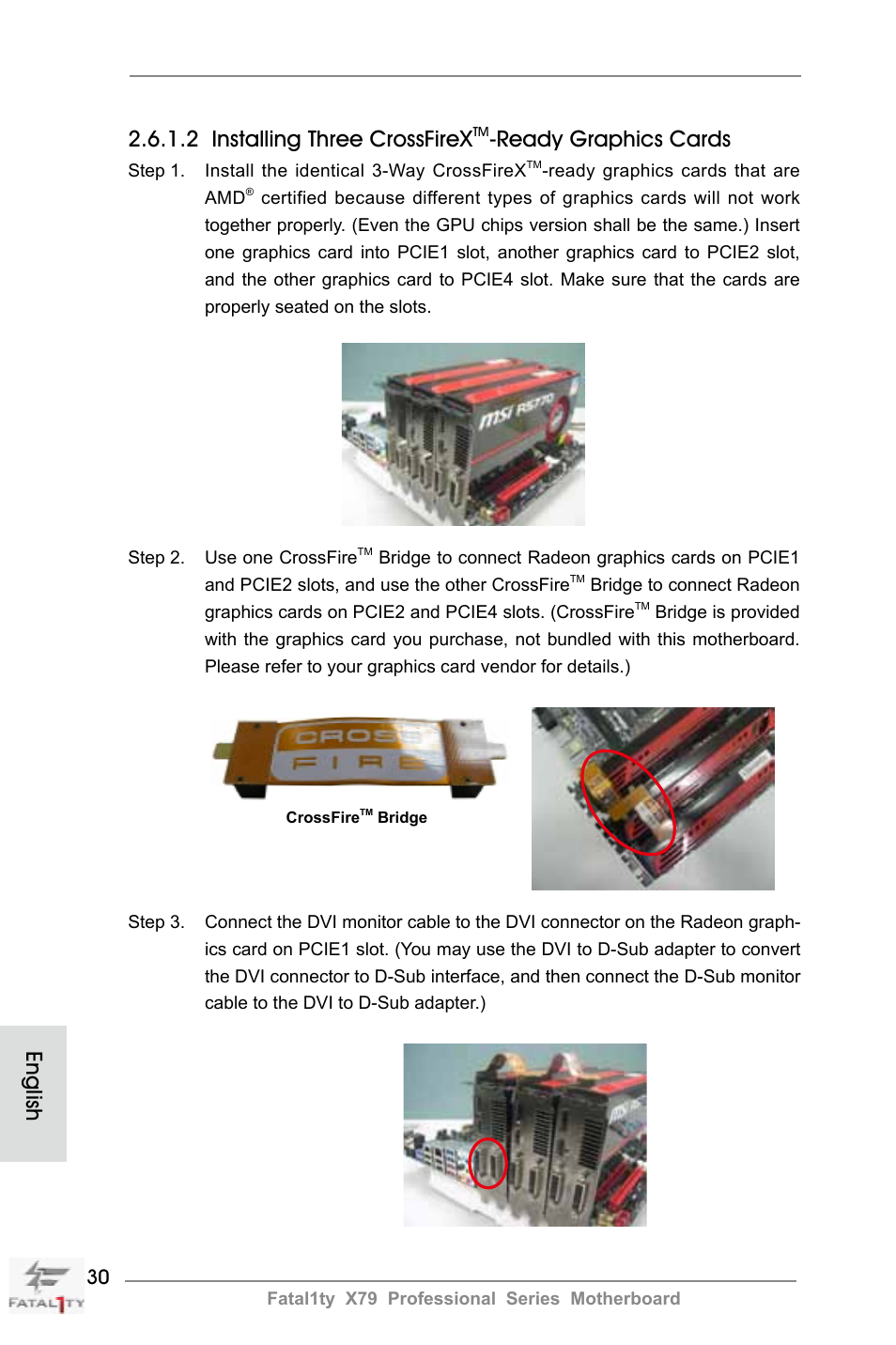 English 2.6.1.2 installing three crossfirex, Ready graphics cards | ASRock Fatal1ty X79 Professional User Manual | Page 30 / 238