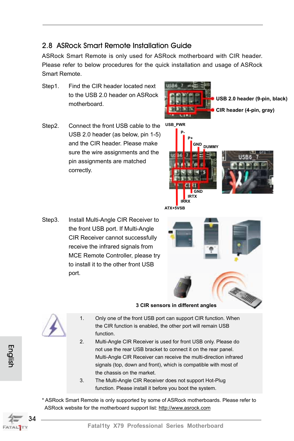 English, 8 asrock smart remote installation guide | ASRock Fatal1ty X79 Professional User Manual | Page 34 / 238
