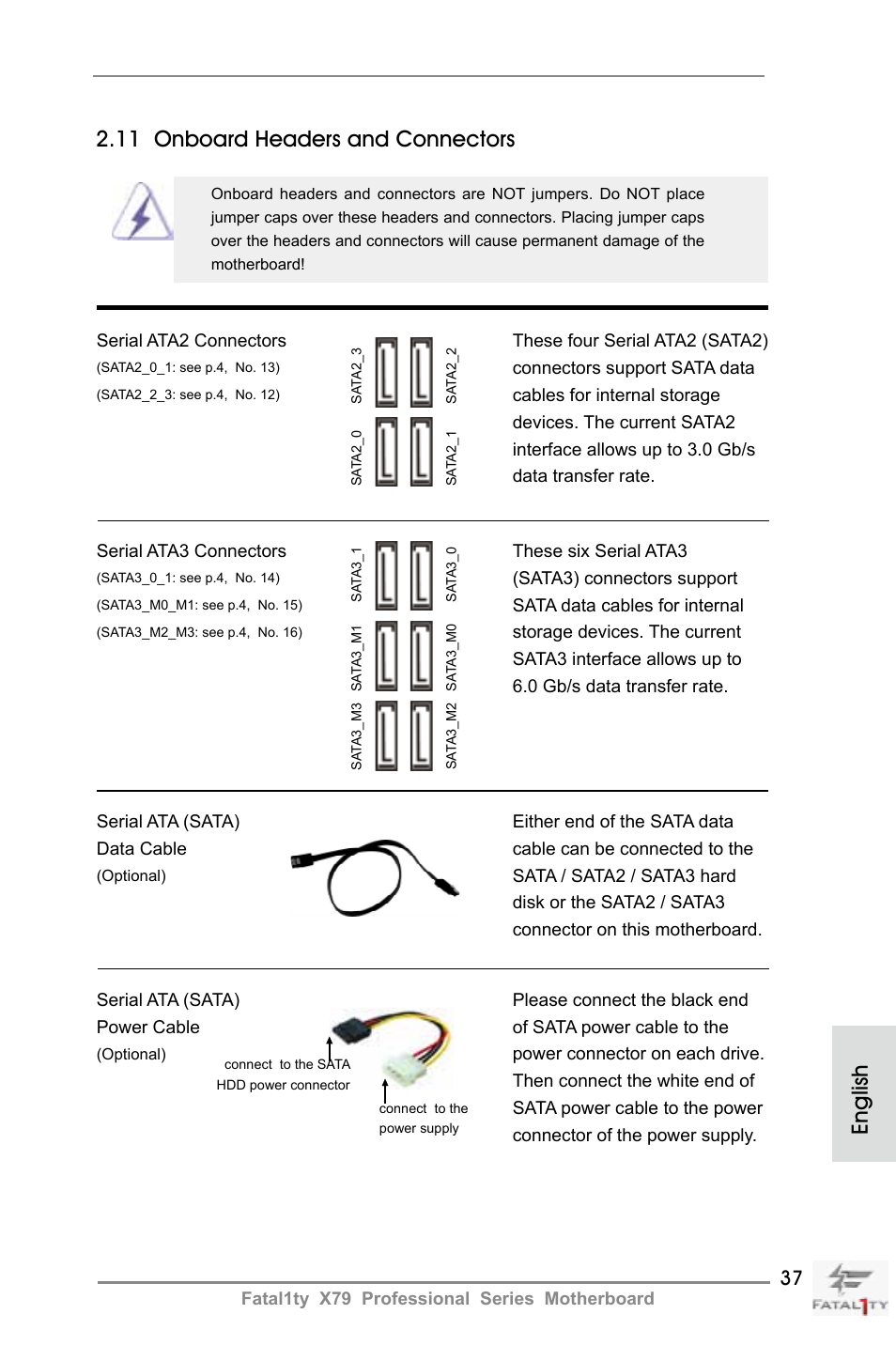 English 2.11 onboard headers and connectors | ASRock Fatal1ty X79 Professional User Manual | Page 37 / 238