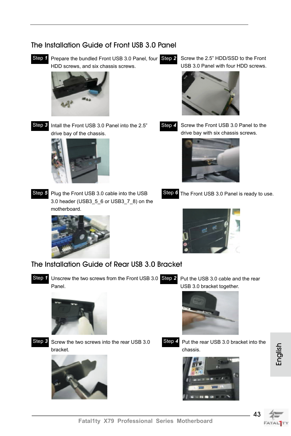 The installation guide of front usb 3.0 panel, The installation guide of rear usb 3.0 bracket, English | ASRock Fatal1ty X79 Professional User Manual | Page 43 / 238