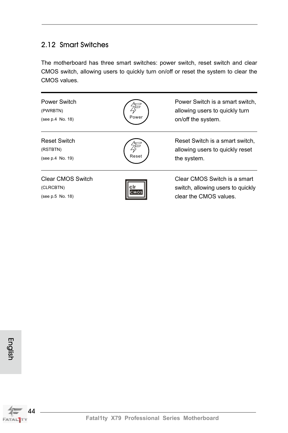 12 smart switches, English | ASRock Fatal1ty X79 Professional User Manual | Page 44 / 238