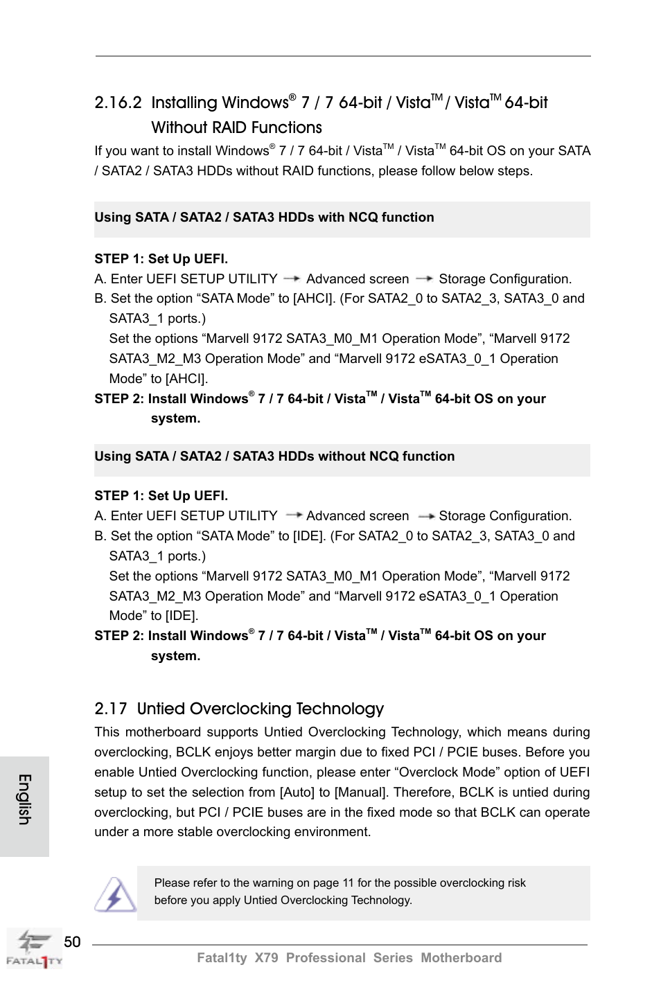 English 2.16.2 installing windows, 7 / 7 64-bit / vista, Vista | Bit without raid functions, 17 untied overclocking technology | ASRock Fatal1ty X79 Professional User Manual | Page 50 / 238
