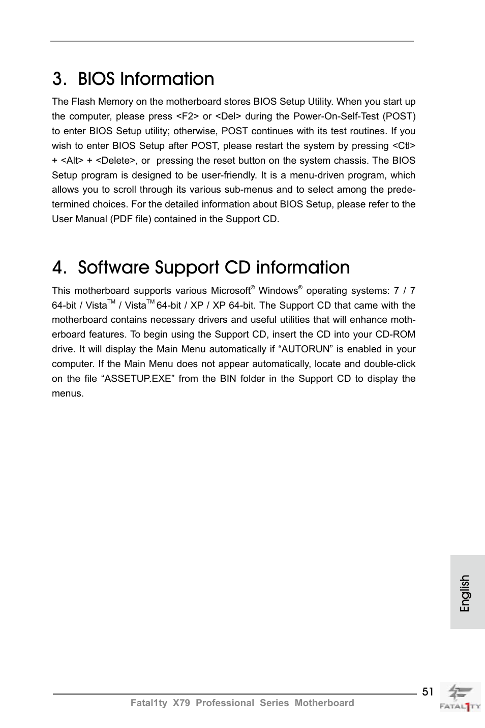 Bios information, Software support cd information, English | ASRock Fatal1ty X79 Professional User Manual | Page 51 / 238