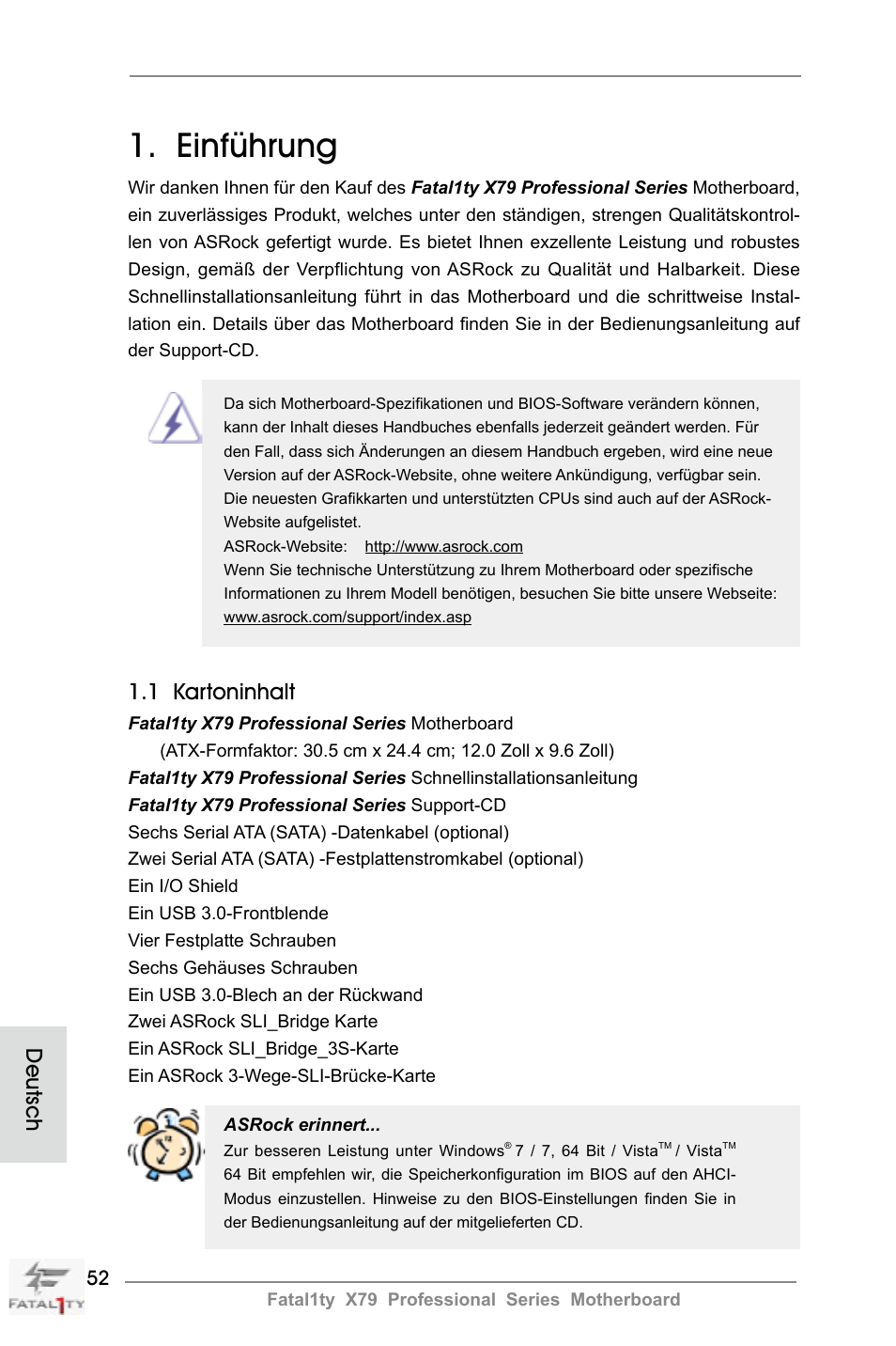 German, Einführung, 1 kartoninhalt | Deutsch | ASRock Fatal1ty X79 Professional User Manual | Page 52 / 238