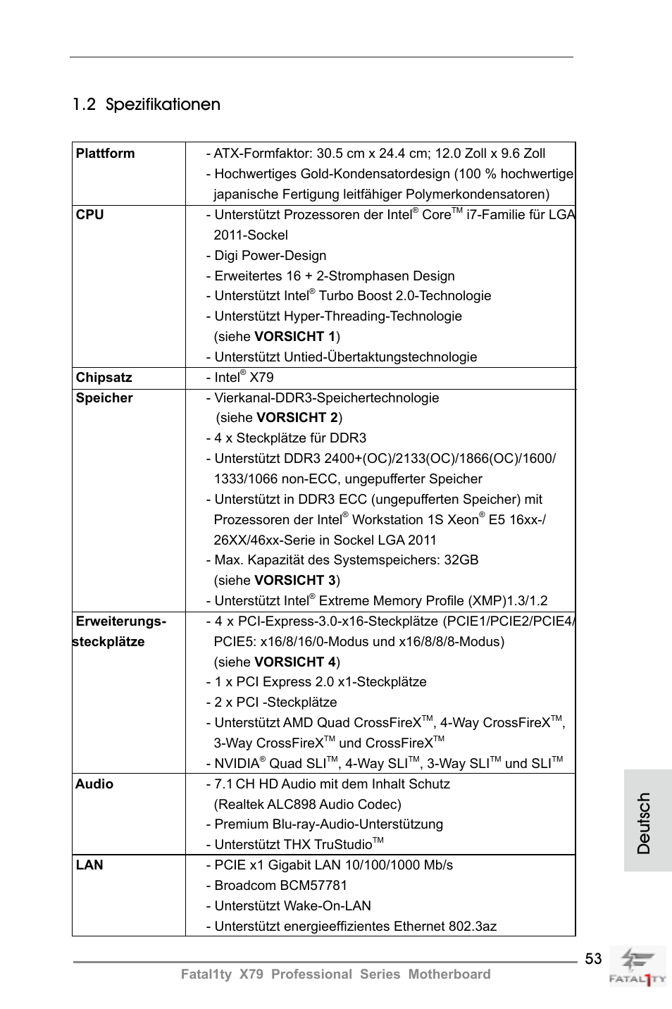 Deutsch 1.2 spezifikationen | ASRock Fatal1ty X79 Professional User Manual | Page 53 / 238