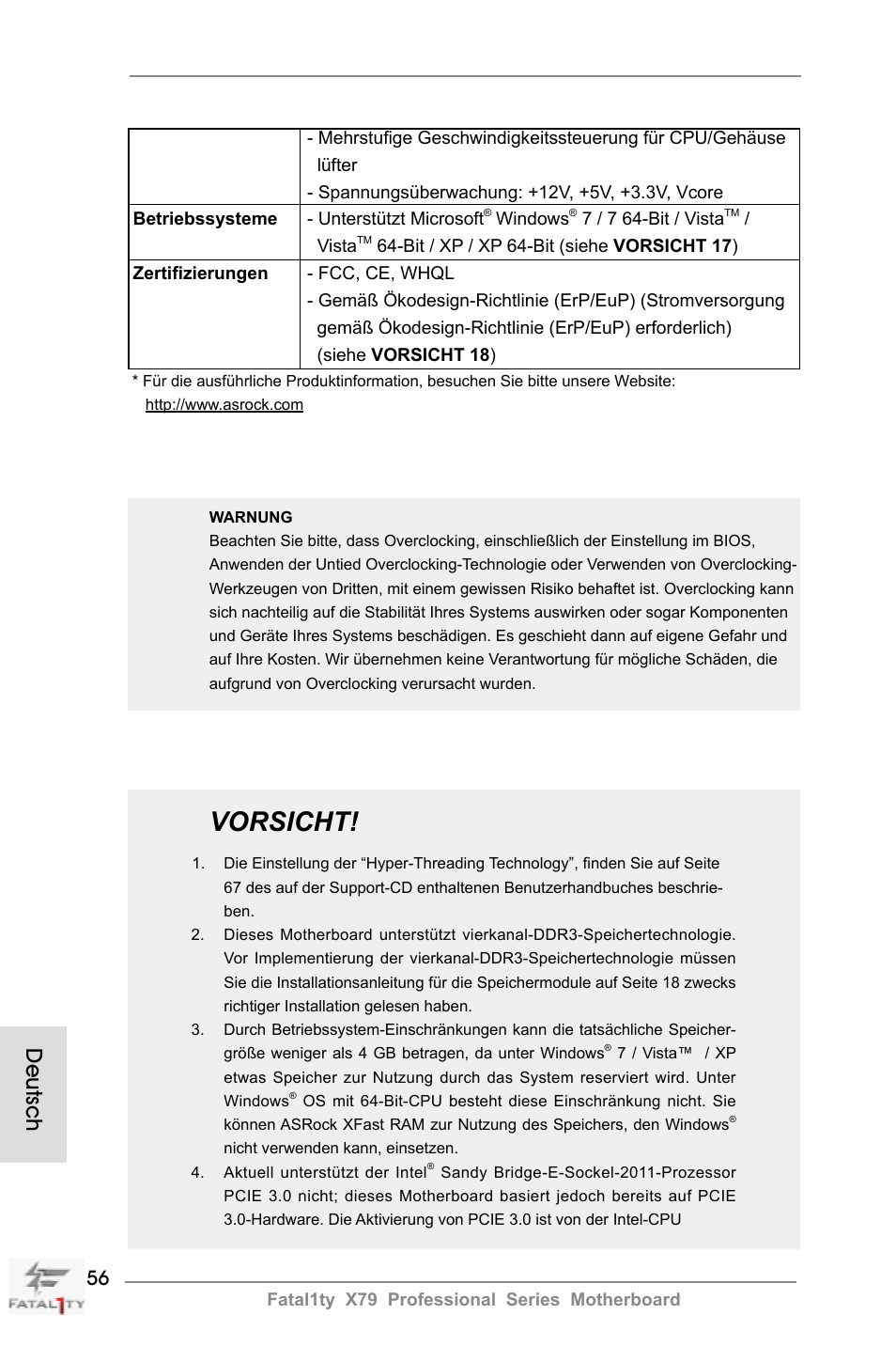 Vorsicht, Deutsch | ASRock Fatal1ty X79 Professional User Manual | Page 56 / 238