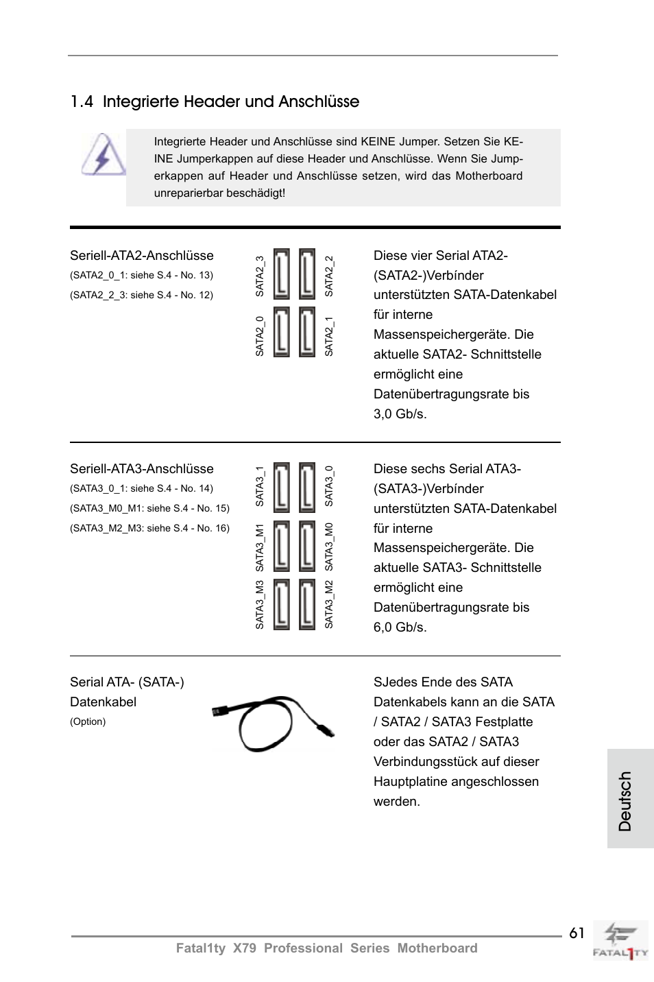 Deutsch, 4 integrierte header und anschlüsse | ASRock Fatal1ty X79 Professional User Manual | Page 61 / 238
