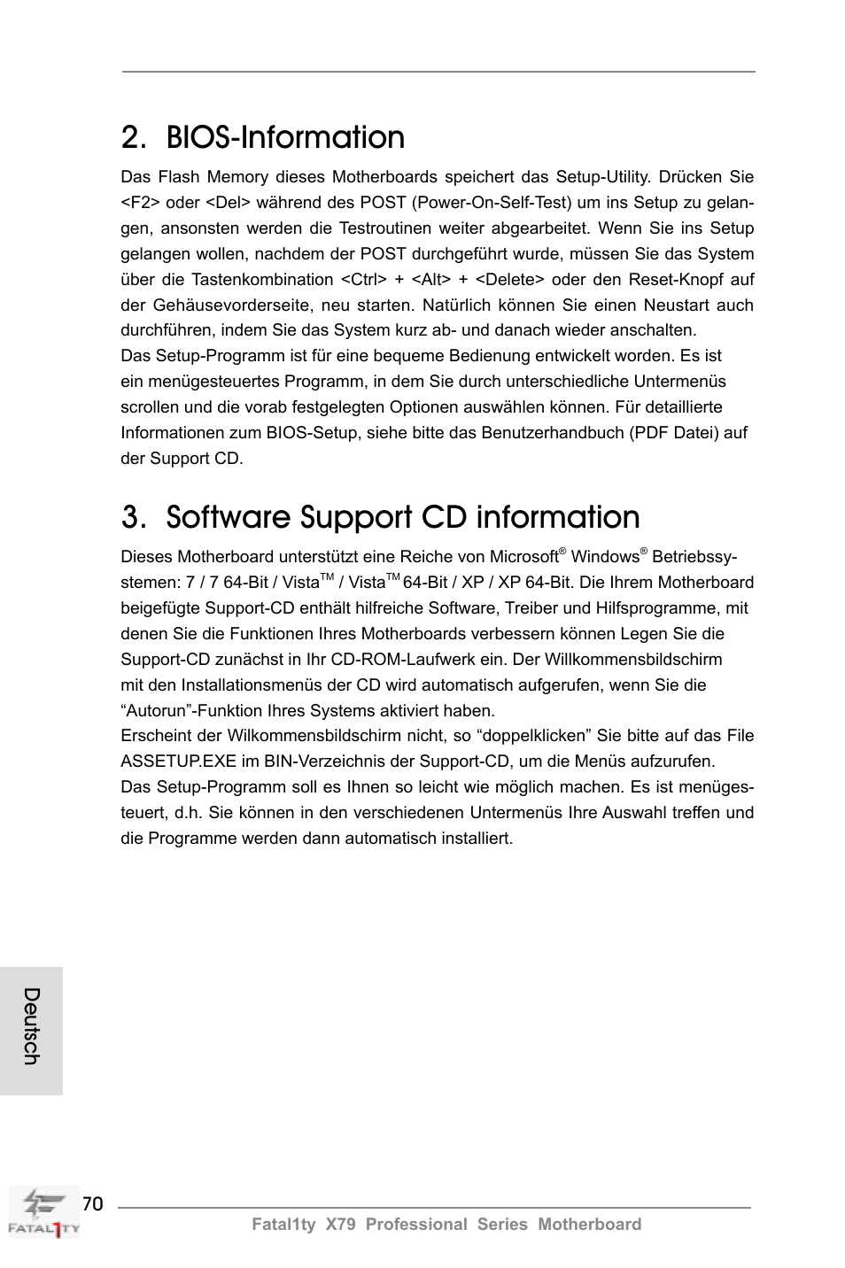 Bios-information, Software support cd information, Deutsch | ASRock Fatal1ty X79 Professional User Manual | Page 70 / 238
