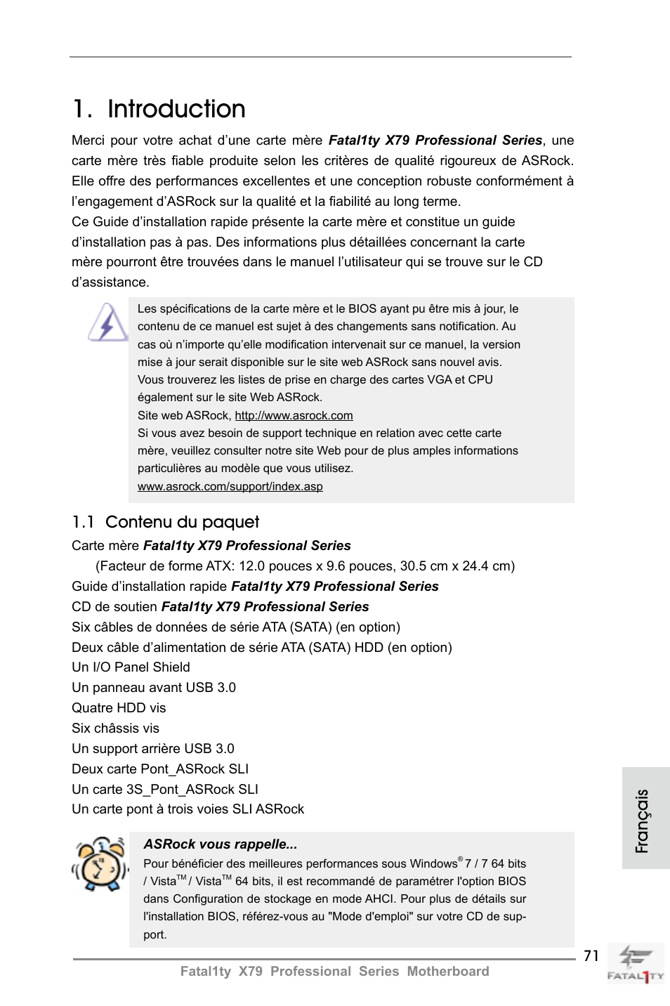 French, Introduction, Français | 1 contenu du paquet | ASRock Fatal1ty X79 Professional User Manual | Page 71 / 238