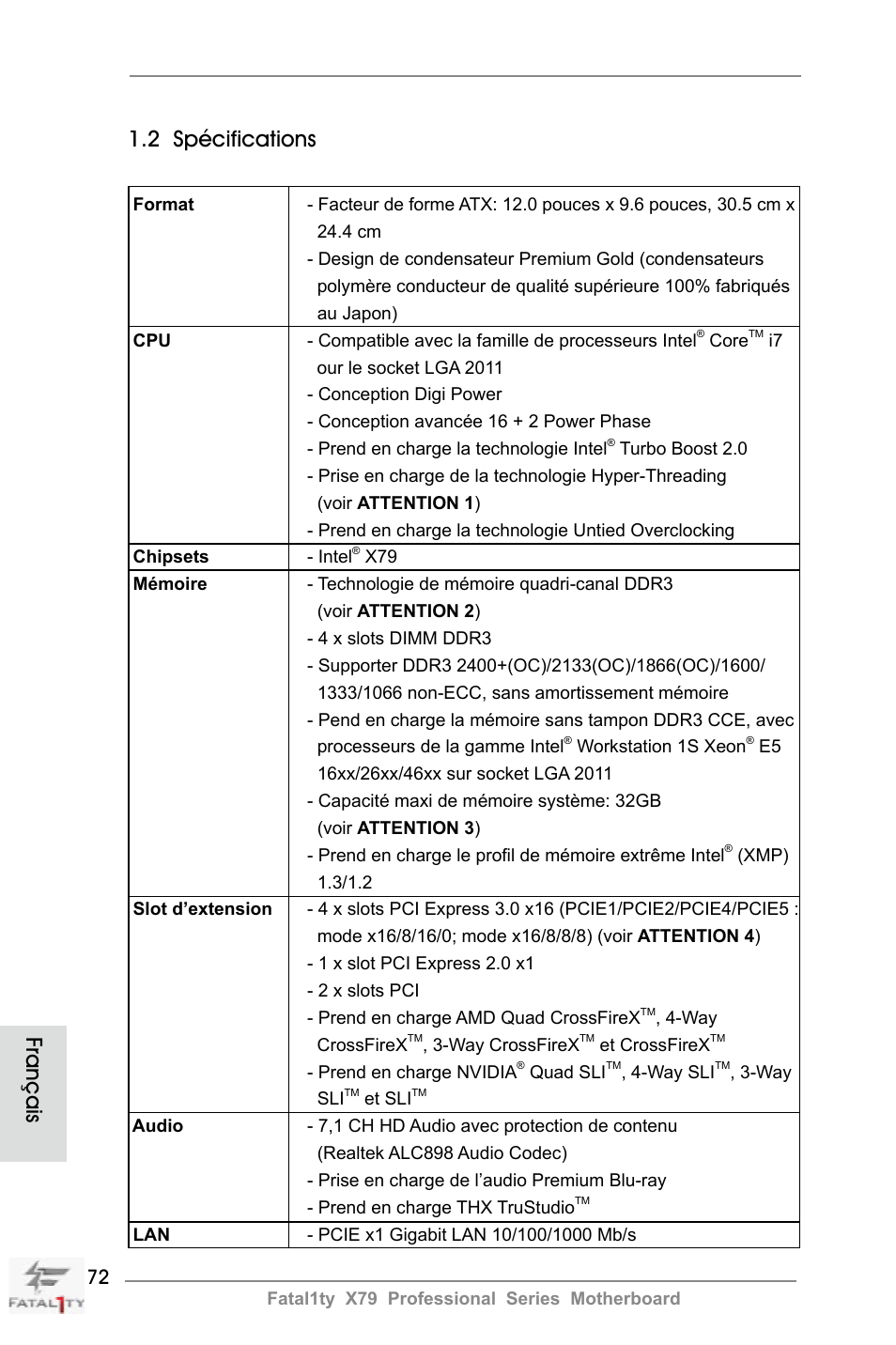 Français 1.2 spécifications | ASRock Fatal1ty X79 Professional User Manual | Page 72 / 238